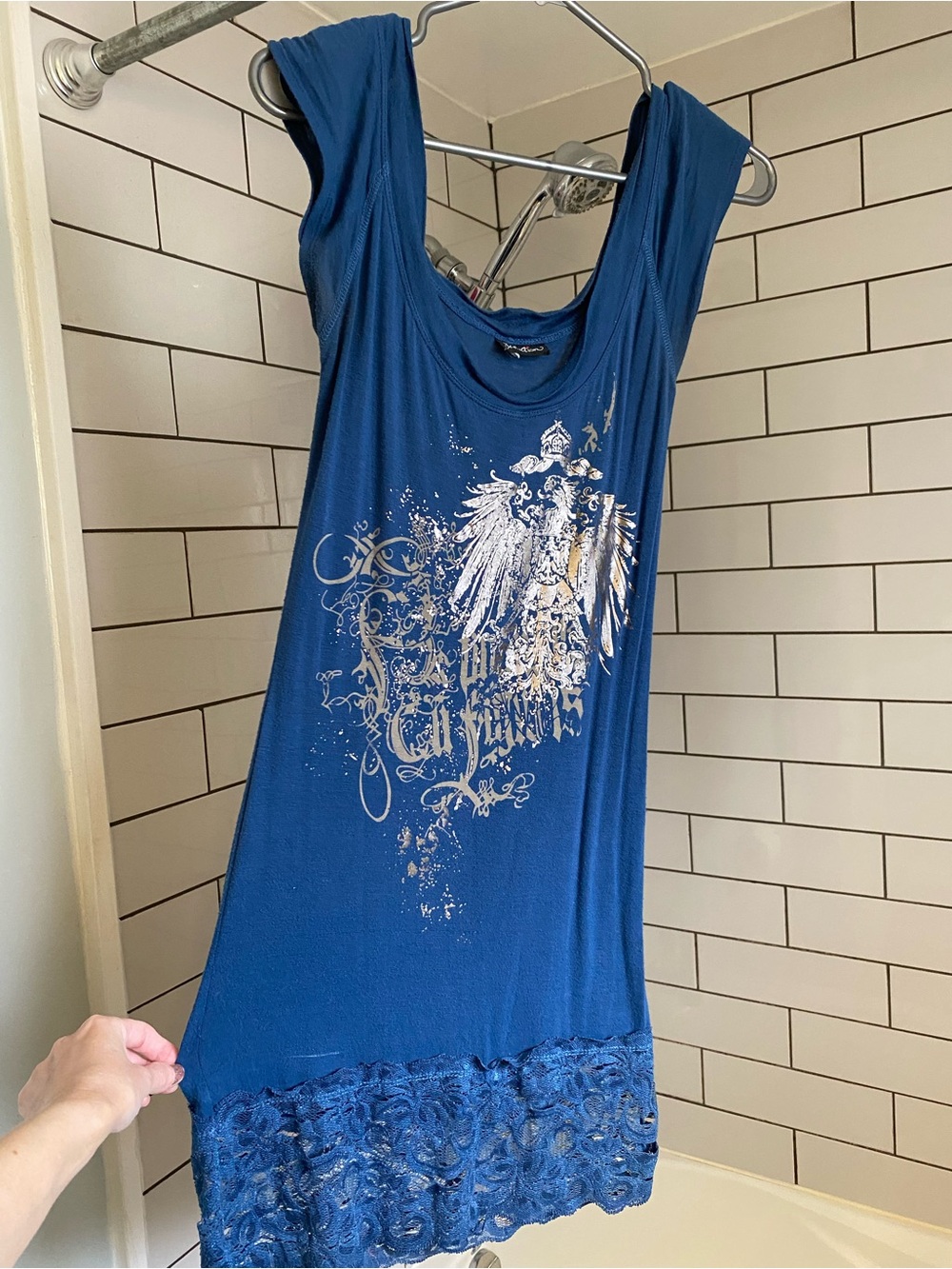 Seduction Jeans Graphic blue shirt dress with lace size small-medium